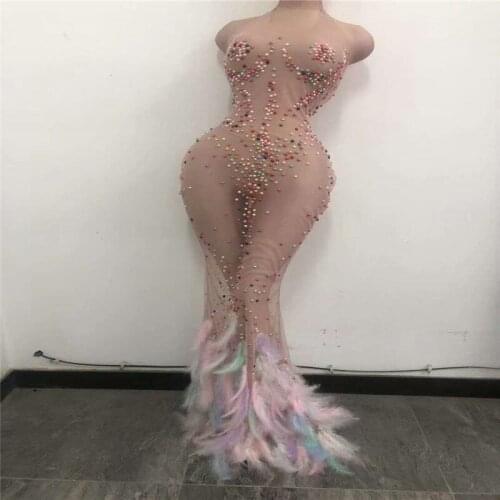 H29 Party wears singer perform mesh rhinestones long dress colorful crystal feather trailing skirt diamonds one piece costume dj