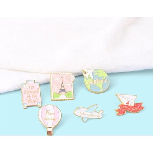 Beautiful Travel Season Creative Air Ticket Suitcase Hot Air Balloon Commemorative Stamp Metal Brooch Romantic Enamel Badge Pin