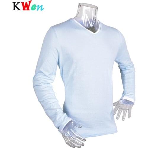 Fashion Fake Two Piece Mens Casual Slim Fit V-neck Tshirt men sweater students loaded Tee Top Autumn Long Sleeve Men T Shirt