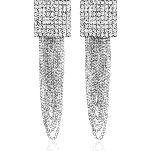 Trendy Long Tassel Earrings For Women Rhinestone Metal Chain Rock Hip Hop Stud Earrings Bride Crystal Earrings Fashion Jewelry