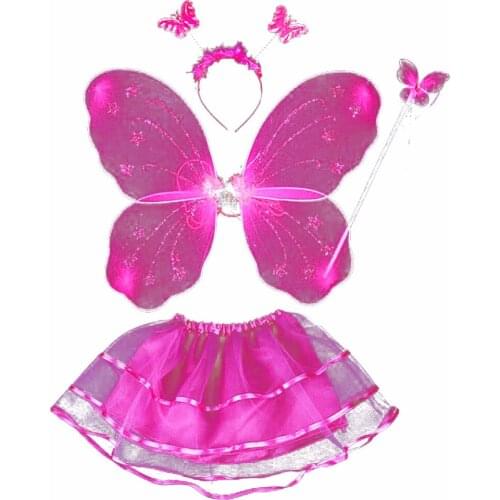 New Arrival 4Pcs Fairy Princess Kids Costume Sets Butterfly Wings Wand Headband Tutu Skirt Hot Sale X3