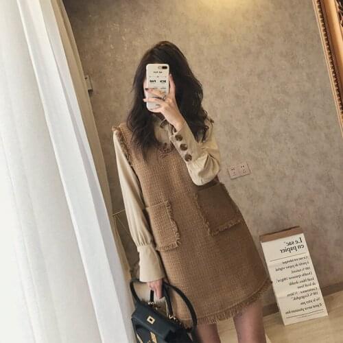 2020 Autumn Winter Long Dress Set Two Piece Short Bow Tied Long Sleeve Blouse Solid Color Vintage Slim Korean Style Vest Dress