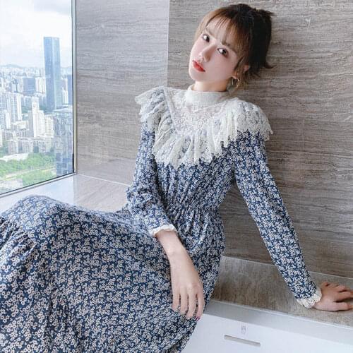 Autumn Floral Printed Chiffon Dress Women Elegant Winter Thick Plush Lace Turtleneck Patchwork Korean Style Bottoming Dress 2020