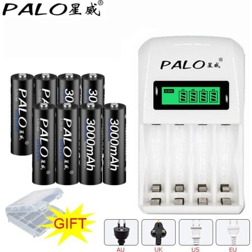 PALO Smart Battery Charger For AA/AAA Ni-CD Ni-MH rechargeable batteries LCD Display Charger+8pcs 1.2V Ni-MH AA Batteries