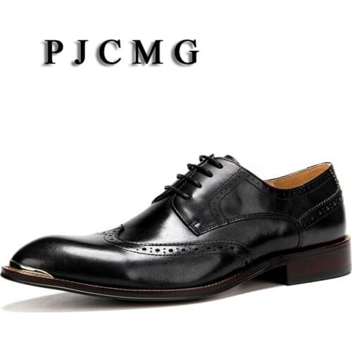 PJCMG Fashion Spring/Autumn Black/Red Oxfords Mens Dress Lace-Up Pointed Toe Genuine Leather Wedding Business Office Shoes