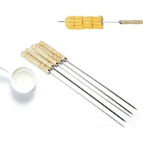 Flat Skewers Roast Meat Prod Skewer Long Grill Sticks Stainless Steel Campfire Wooden Handle BAR-B-Q Outdoor Camping BBQ Tools