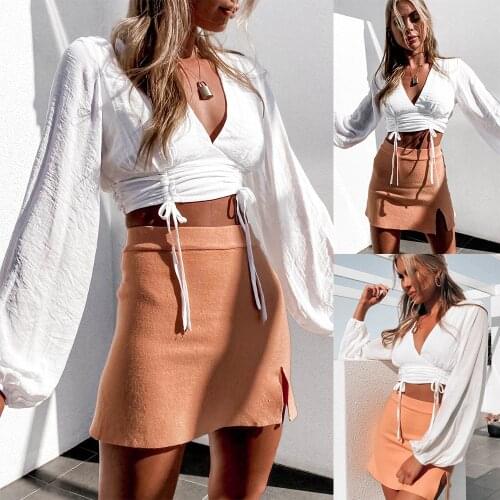 Sexy V-neck White Crop Tops Women Spring Autumn Casual Drawstring Pleated Lace Up Lantern Long Sleeve Slim Short Blouses Female