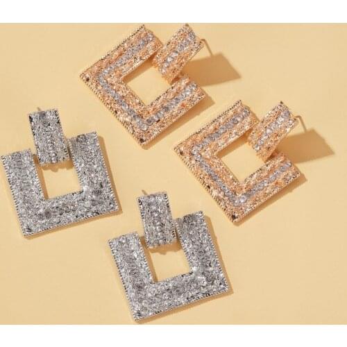 New Gold Color Earrings For Women Crystals Stone Trendy Square Geometric Stud Statement Earrings Fashion Party Jewelry Gift