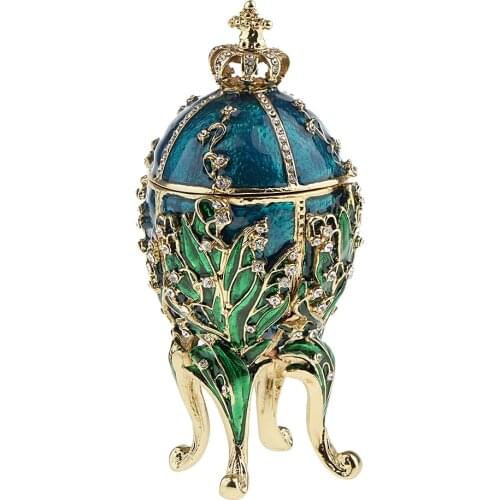 Blue Enamel Rhinestone Flower Carving Easter Egg Jewelry Storage Box Holder