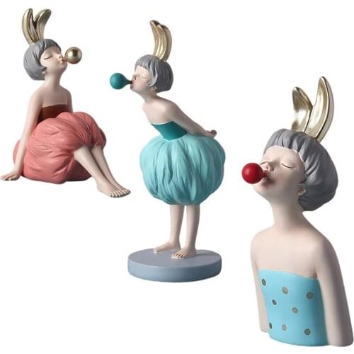 Resin Bubble Girl Figurine with Rabbit Ears Home Bar Decor Crafts Arts Gifts