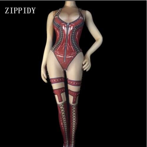2 Colors Black Red Printed Sexy Bodysuit Stage Outfit Female Singer Leggings Nightclub Nude Costume Dance Rivets