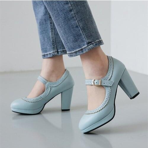 Spring High Heels Women Pumps Platform Mary Jane Shoes Buckle Ladies Party Hoof Heel Female Pumps European Shoes Plus Size