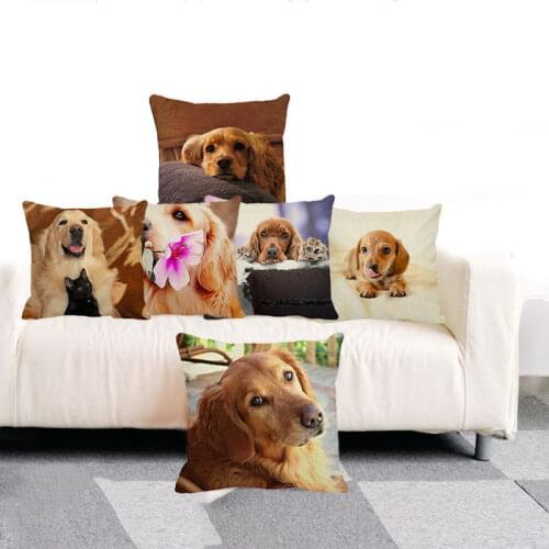 XUNYU Lovely Pet Dog Throw Pillow Case Golden Retriever Linen Pillowcase Sofa Bed Cushion Cover Home Decor 45 x 45cm Pillowcase