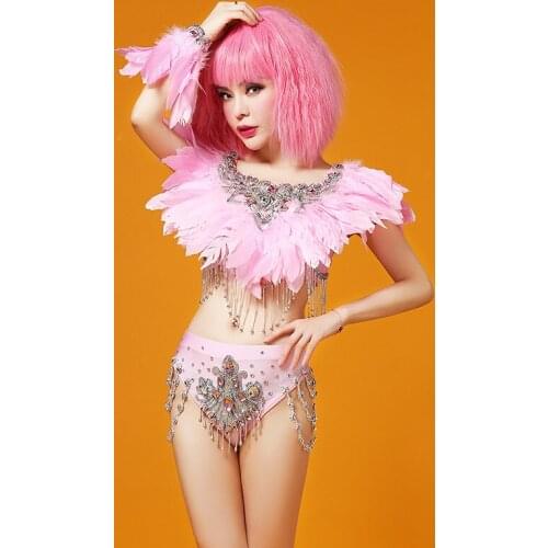 Z42 Pink feather ballroom dance costumes dj singer performance show dresses gogo bodysuit sexy bikini party wears outfit clothes