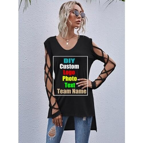 Personalize your picture LOGO text sexy hollow cross long sleeve women T-shirt top