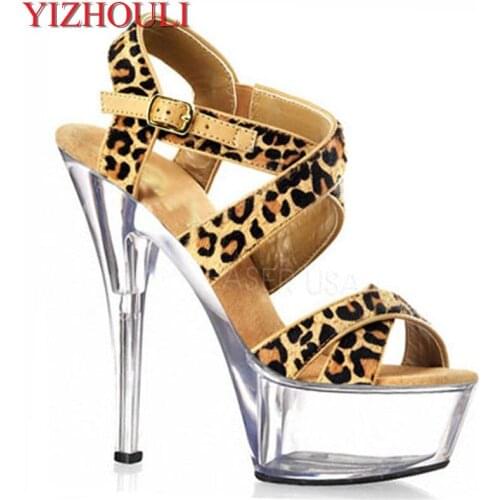 New women sandals sexy leopard print Platform heels sandals for women high-heeled sandals Crystal shoes Sexy party shoes 15cm