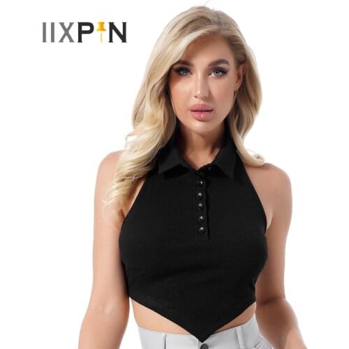 Womens Fashion Waistcoat Turn-down Collar Sleeveless Button T-shirt Vest Top Asymmetric Hem Halter Neck Backless Ribbed Crop Top