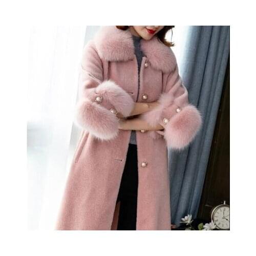 Sheep cut wool coat women new haining grain wool in the long Korean version of the fox fur collar coat winter women fur coat
