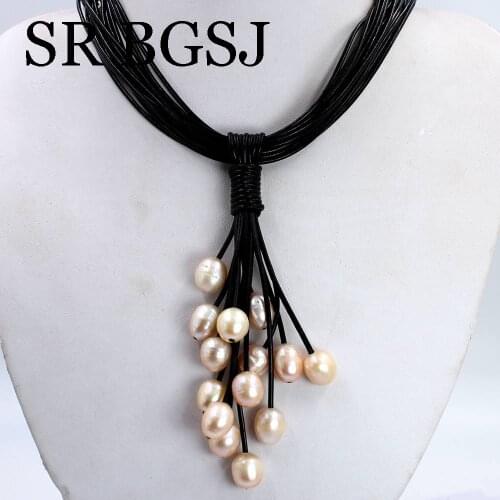 Free Shipping 10-12mm Mixed Freshwater Pink Pearl Beads Black Leather Cord Magnetic Women Jewelry Necklace 18"
