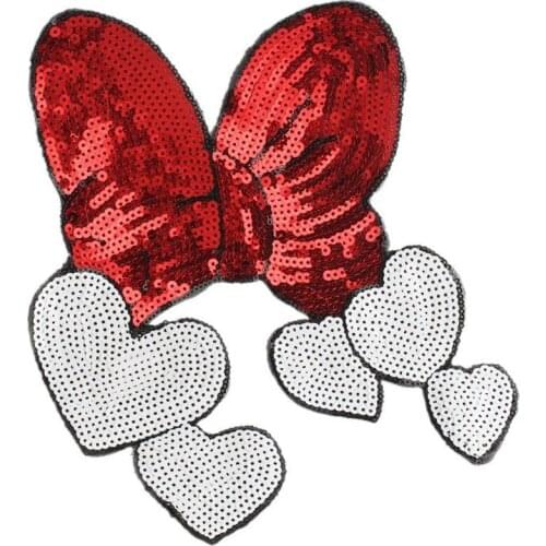25cm Large Red Bow Heart Love Sequin Patches Sew on Fashion Clothes Applique DIY Clothing Decoration Sequins Patches for Clothes