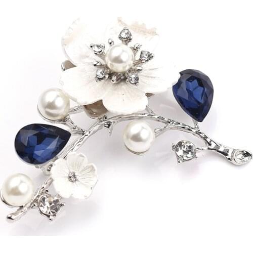 Flower Brooches For Women Elegant Fashion Shell And Pearl Pin Blue Crystal Brooch Pins Wedding For Women Jewelry New Design