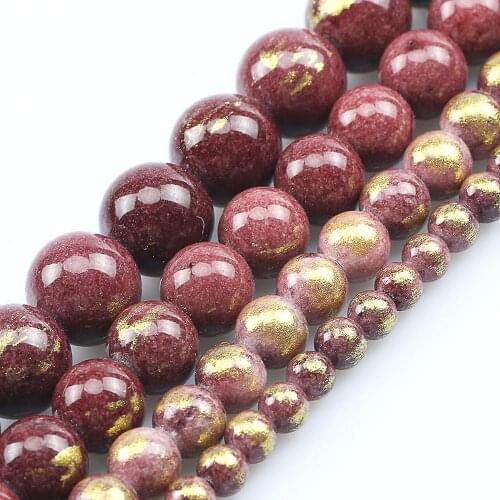 Natural Stone Wine Red Plated Gold Jades Loose Spacer Beads For Jewelry Making 4 6 8 10mm Round Beads DIY Bracelet Accessories