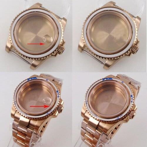40mm 10ATM Diving Watch Case Rose Gold Plated Sapphire Glass 120Clicks For NH35A NH36A Oyster Bracelet Solid Back
