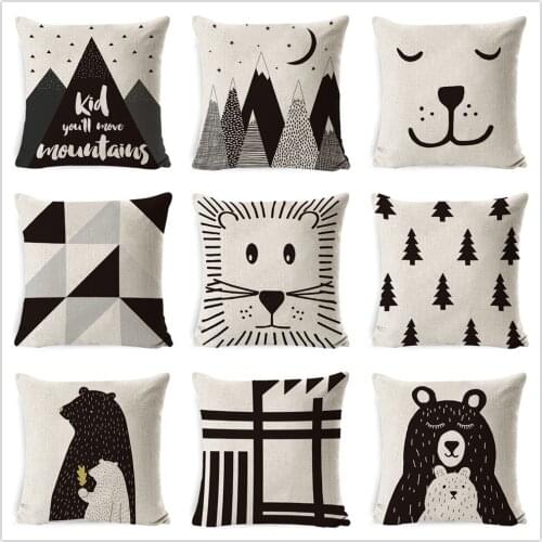 Children Simple Cushion Cover Hand Painted Cartoon Animals Pillow Case Nordic Style Forest Bear Bookcase Mountain Pillow Cover