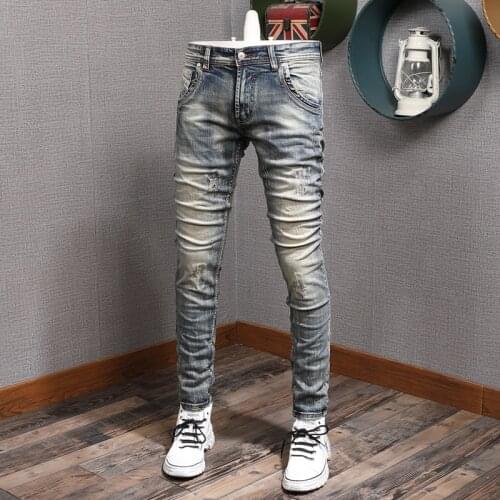 European Vintage Fashion Men Jeans Retro Wash Distressed Slim Fit Ripped Jeans Men Scratch Designer Casual Cotton Denim Pants