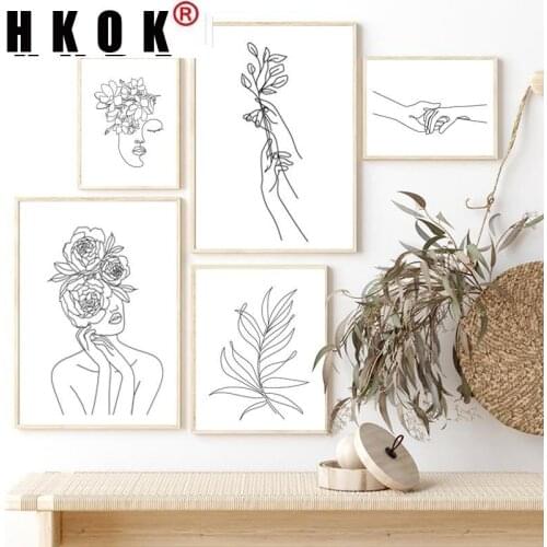 HKOK Female Line Black White Gallery Minimalist Canvas Painting Flower Head Wall Art Poster Prints Picture Bedroom Home Decor