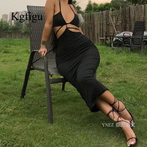 KGFIGU Summer Evening Dresses For Women 2021 Bandage Robe Lady Solid Black Sexy Cute Vestidos Sleeveless Party Bodycon Clothing