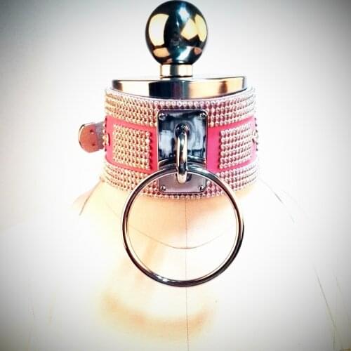 100% Handcrafted Punk Oversized Leather Collar Bling Bling Leather Choker Stylish Crystal Collar with Big O-Round