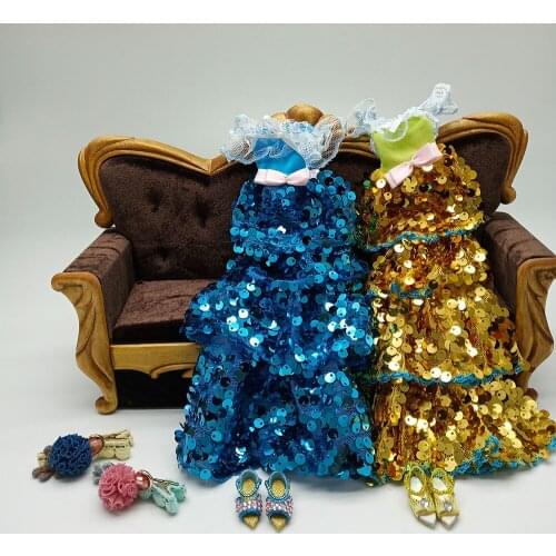 Handmade Blue or Yellow Lace Bling Dress Evening Gown Clothing Outfit For 1/6 BJD Doll Clothes Kids DIY Accessories