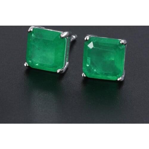 Megin D Silver Plated Square Emerald Stone Vintage Boho Piercing Stud Earrings for Women Wedding Couple Friends Gift Jewelry Ane