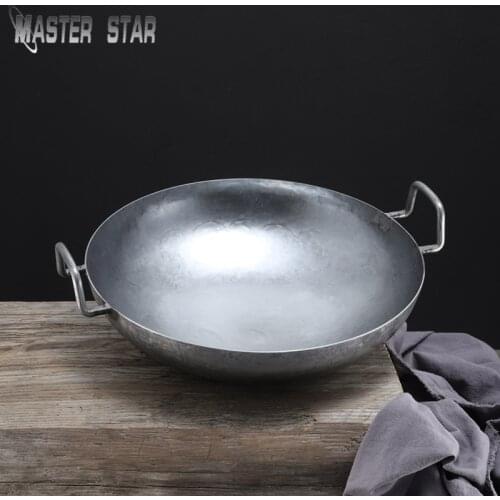 Master Star New Double Ear Chinese 100% Handmade Wok 32/34CM Round Bottom Non-Coating Zhangqiu Iron Wok High Quality Gas Pot