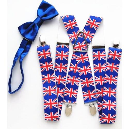New Design British Flag Suspender Royal Blue Butterfly Bow Tie Set Big Men Women Adult Braces Neck Tie Match Shirt LB045