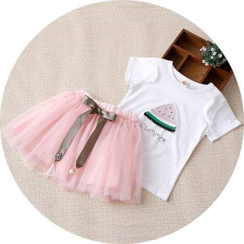 New Summer Girls Clothing Set Children Watermelon Pattern T-shirt with Tutu Lace Skirt 2-Piece Outfit Fashion Kids Clothes