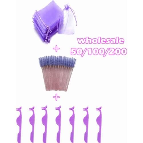 Wholesale 3 in 1 eyelash tweezers and lash brushes and eyelash packaging bag colorful drawstring organza eyelash packaging bag