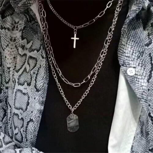 Punk cross necklace for women layered chain dog tag necklace gothic hip hop cool jewelry for men alloy fj007