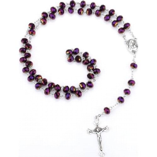 Purple Vintage Mary Cross Pendant Necklace Purple Glass Crystal Beads Catholic Rosary Necklace Prayer Bead Religion Jewelry