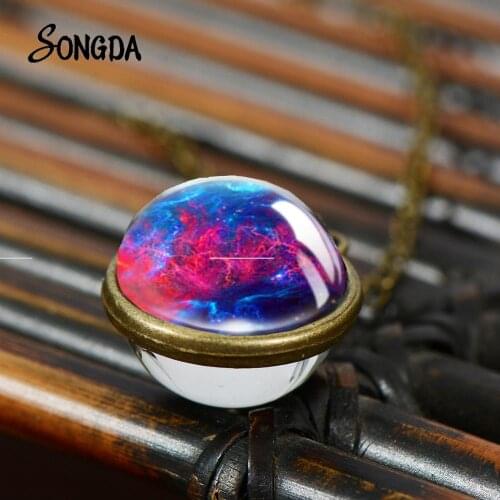 Nebula Galaxy Glass Ball Necklace Double Sided Design Universe Planet Photo Statement Necklace Handmade Romantic Jewelry