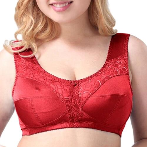 Full Coverage Wide Padded Straps Lace Satin Silk Wireless Plus Size bra Big Cup D E F G No Wire No Foam Red For Big Busted Women