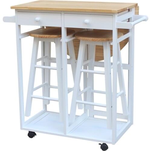 FCH Semicircle Solid Wood Folding Dining Cart with 2 Free Stools White Foldable Semi-circular Stool With Solid Wood Dining Car