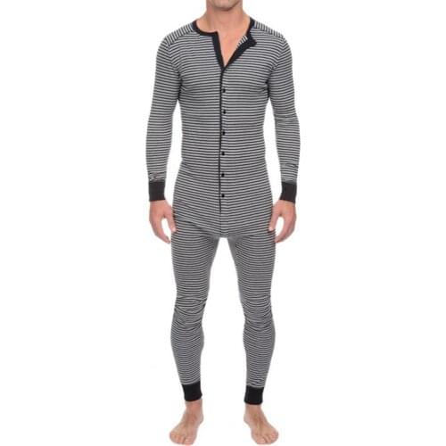 Plus Size Men Onesies. Pajama Skinny Striped Jumpsuit Long Sleeve Buttons Romper Sleepwear Overall Underwear Onesies- Pajama Set