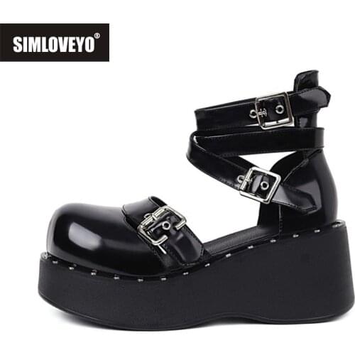 SIMLOVEYO Cute Gothic Style Lolita Punk Cosplay Black Comfy Walking Chunky Heels Buckle Platform Shoes Women Footwear