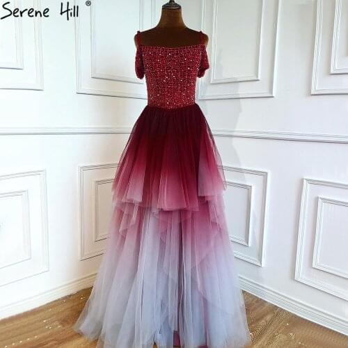 Gradual Wine Red Beading A-Line Evening Gowns 2020 Dubai Luxury Short Sleeves Formal Dress Serene Party Night Hill BLA70768