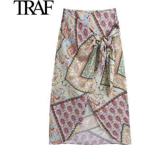 Traf Za Women Clothing 2021 Chic Bowknot High Waist Medium Length Skirt Gothic Printed Vintage Sexy Midi Skirt A-line