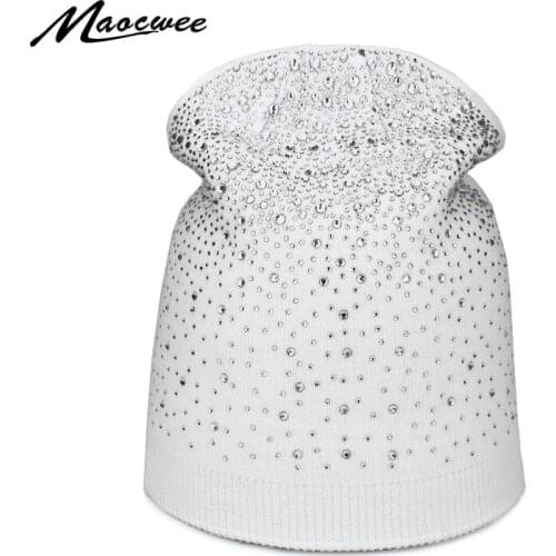 Womens Winter Diamond Hat Knitted Beanie Female Skullies Casual Outdoor Mask Ski Caps Thick Warm Hats for Rhinestones Hat