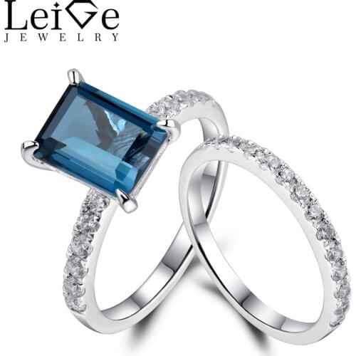 Leige Jewelry 925 Sterling Silver Rings Fine Jewelry London Blue Topaz Wedding Engagement Rings Set for Women Emerald Cut