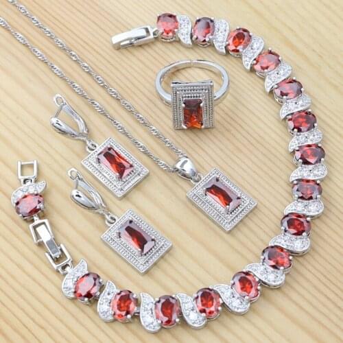 Womans Earrings Bracelet Open Ring Pendant Chain 925 Sterling Silver Jewelry Set Red Square Cubic Zirconia Anniversary Gift
